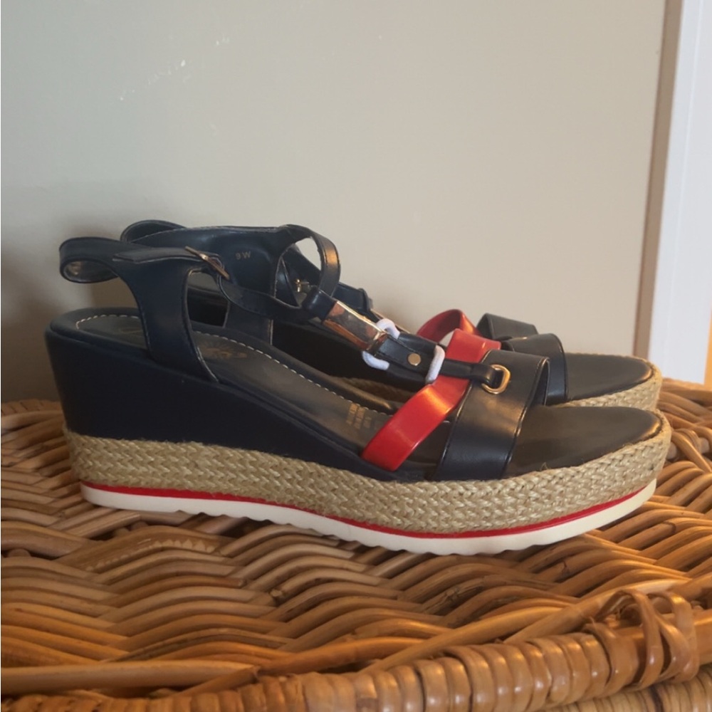 Beacon Fashion and Fit Stylish Navy and Red Wedge Espadrille Sandals